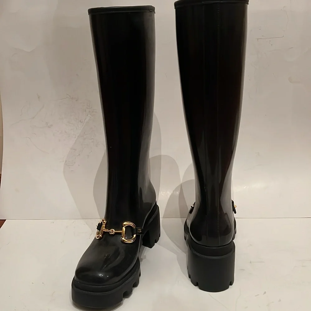New Gucci Horsebit Tall Rain Boots Black Italy Size 38 - Picture 6 of 16